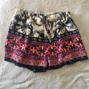 juniors boho print lace trim shorts